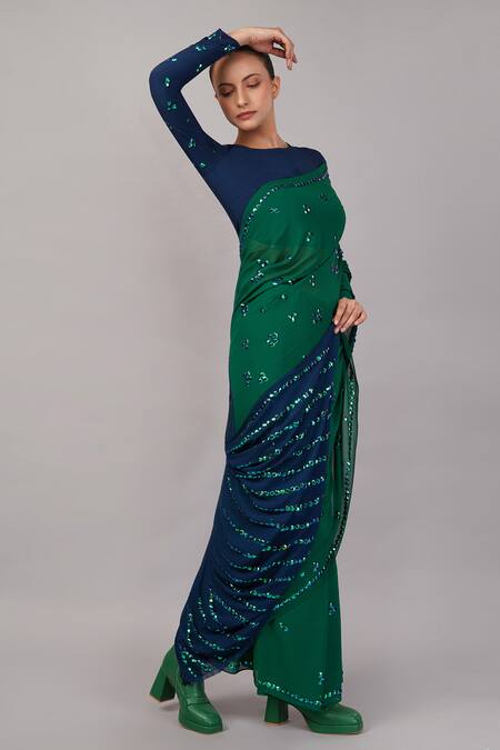 Shop Abraham And Thakore Green Viscose Georgette Sequins French Cut Embellished Saree Online at Aza Fashions Shop_Abraham And Thakore_Green Viscose Georgette Sequins French Cut Embellished Saree _Online_at_Aza_Fashions