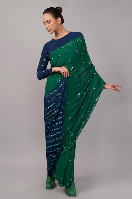 Abraham And Thakore Green Viscose Georgette Sequins French Cut Embellished Saree 