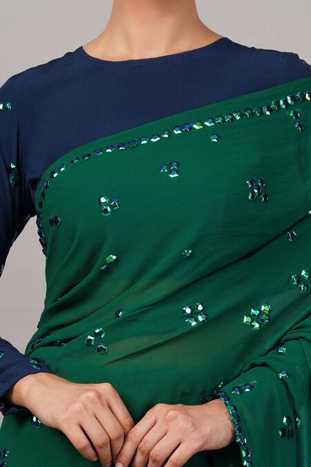 Abraham And Thakore Green Viscose Georgette Sequins French Cut Embellished Saree at Aza Fashions Abraham And Thakore_Green Viscose Georgette Sequins French Cut Embellished Saree _at_Aza_Fashions