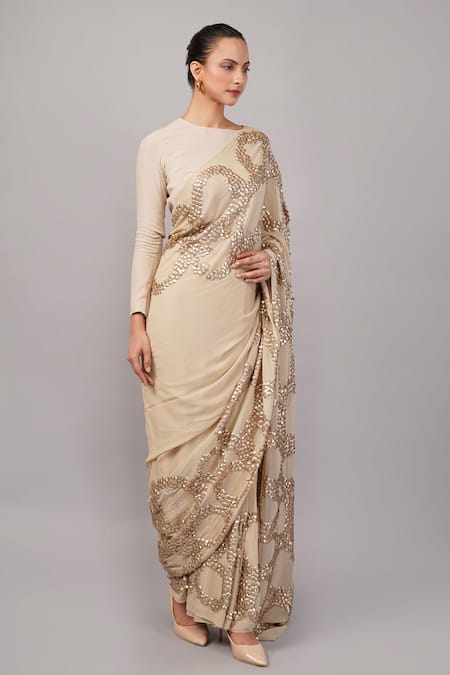 Abraham And Thakore_Beige Viscose Georgette Sequins French Cut Rings Embellished Saree _Online_at_Aza_Fashions