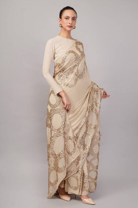 Buy_Abraham And Thakore_Beige Viscose Georgette Sequins French Cut Rings Embellished Saree _Online_at_Aza_Fashions