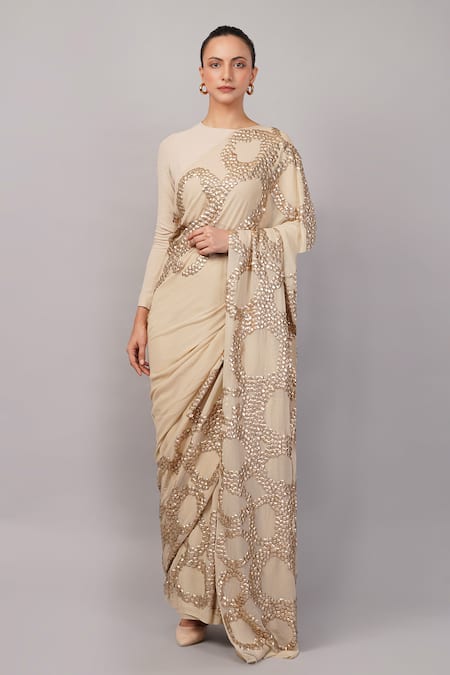 Abraham And Thakore Beige Viscose Georgette Sequins French Cut Rings Embellished Saree 