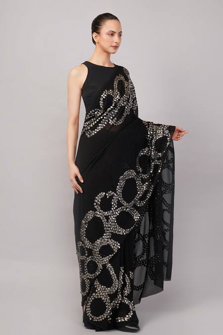 Abraham And Thakore_Black Viscose Georgette Stones French Cut Rings Embellished Saree _Online_at_Aza_Fashions