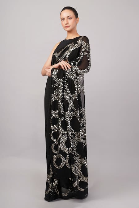 Buy_Abraham And Thakore_Black Viscose Georgette Stones French Cut Rings Embellished Saree _Online_at_Aza_Fashions