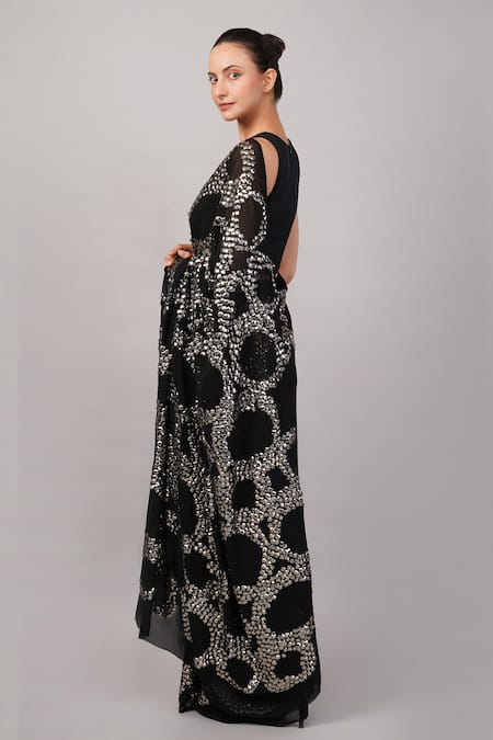 Shop_Abraham And Thakore_Black Viscose Georgette Stones French Cut Rings Embellished Saree _Online_at_Aza_Fashions