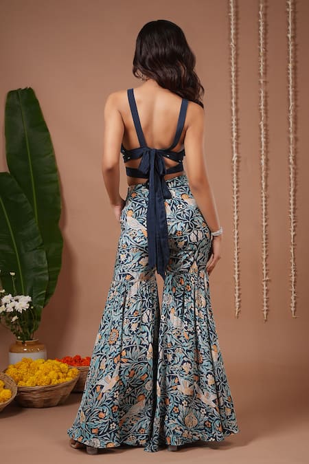 Shop Ahi Clothing Navy Crepe Crystals, Stones V-, Open Floral Print Jacket And Sharara Set at Aza Fashions Shop_Ahi Clothing_Navy Crepe Crystals, Stones V-, Open Floral Print Jacket And Sharara Set _at_Aza_Fashions