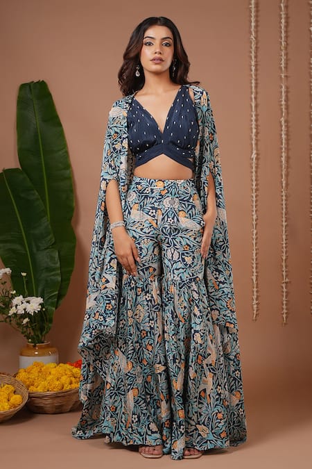 Shop Ahi Clothing Navy Crepe Crystals, Stones V-, Open Floral Print Jacket And Sharara Set Online at Aza Fashions Shop_Ahi Clothing_Navy Crepe Crystals, Stones V-, Open Floral Print Jacket And Sharara Set _Online_at_Aza_Fashions