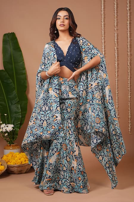 Ahi Clothing Navy Crepe Crystals, Stones V-, Open Floral Print Jacket And Sharara Set at Aza Fashions Ahi Clothing_Navy Crepe Crystals, Stones V-, Open Floral Print Jacket And Sharara Set _at_Aza_Fashions