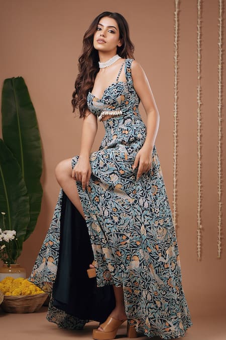Buy_Ahi Clothing_Multi Color Georgette Sweetheart Neck Floral Print Dress And Bustier Set _Online_at_Aza_Fashions