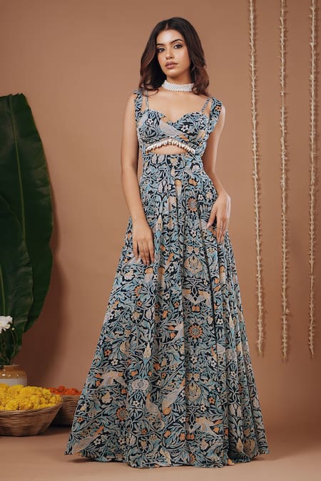 Shop_Ahi Clothing_Multi Color Georgette Sweetheart Neck Floral Print Dress And Bustier Set _Online_at_Aza_Fashions