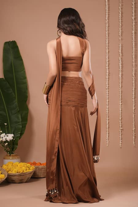 Shop_Ahi Clothing_Brown Crepe Sequins, Embroidery, Stones, Fabric Flowers Corset And Skirt Set _at_Aza_Fashions