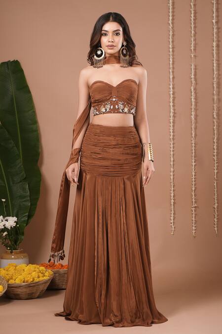 Buy_Ahi Clothing_Brown Crepe Sequins, Embroidery, Stones, Fabric Flowers Corset And Skirt Set _Online_at_Aza_Fashions