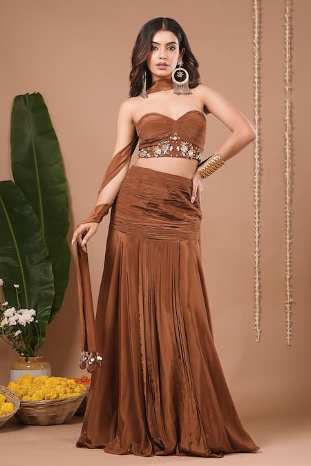 Ahi Clothing_Brown Crepe Sequins, Embroidery, Stones, Fabric Flowers Corset And Skirt Set _at_Aza_Fashions
