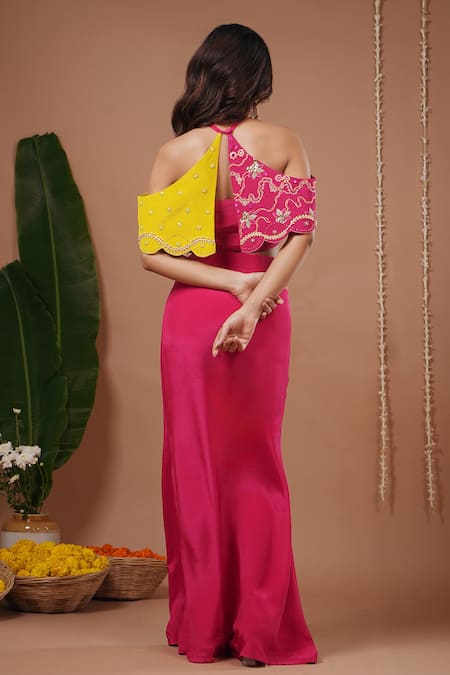Shop_Ahi Clothing_Pink Crepe Sweetheart , Halter Embroidered Cape And Skirt Set _at_Aza_Fashions