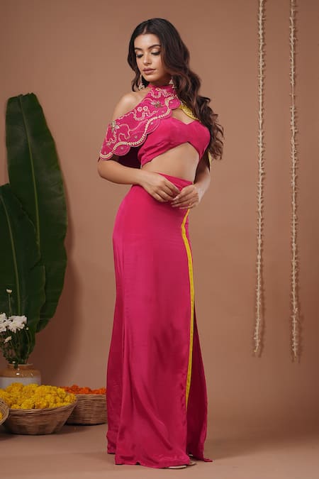 Ahi Clothing_Pink Crepe Sweetheart , Halter Embroidered Cape And Skirt Set _Online_at_Aza_Fashions