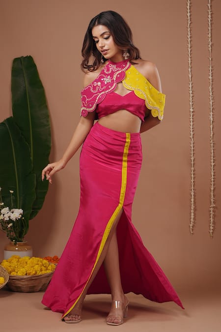 Shop_Ahi Clothing_Pink Crepe Sweetheart , Halter Embroidered Cape And Skirt Set _Online_at_Aza_Fashions