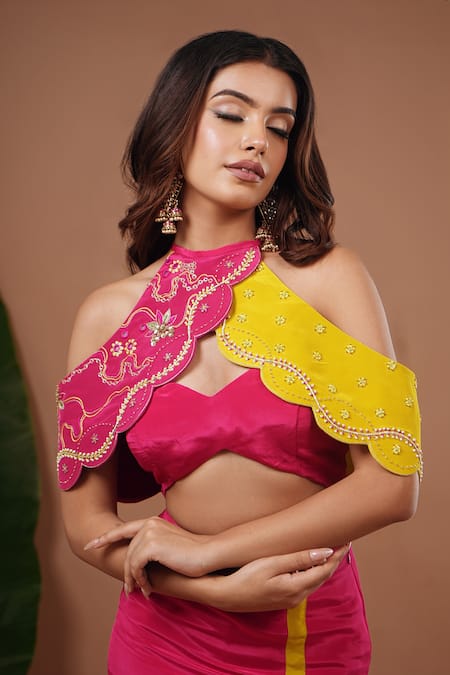 Ahi Clothing_Pink Crepe Sweetheart , Halter Embroidered Cape And Skirt Set _at_Aza_Fashions