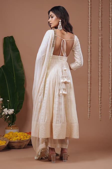 Shop_Ahi Clothing_Ivory Chiffon, Shantoon Embroidery, Tassels Square Neck Chikankari Anarkali Set _at_Aza_Fashions