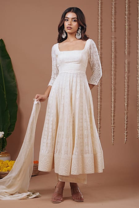 Ahi Clothing_Ivory Chiffon, Shantoon Embroidery, Tassels Square Neck Chikankari Anarkali Set _Online_at_Aza_Fashions