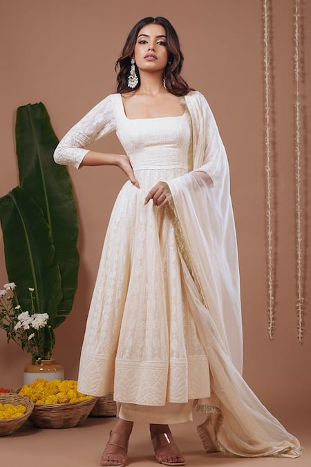 Ahi Clothing Ivory Chiffon, Shantoon Embroidery, Tassels Square Neck Chikankari Anarkali Set 