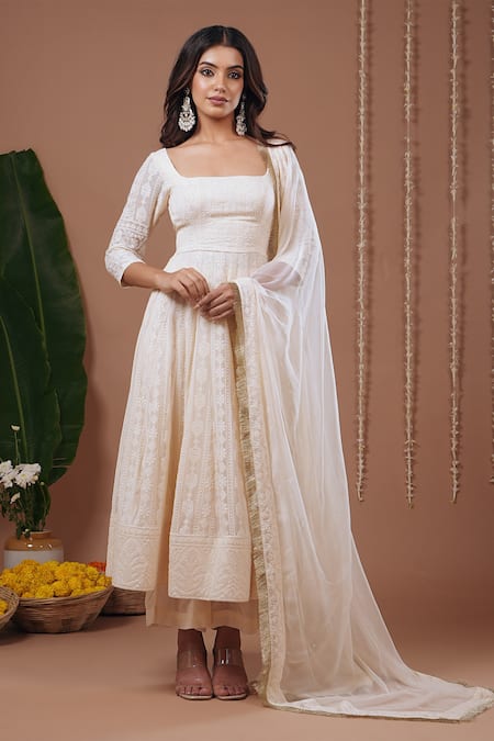 Buy_Ahi Clothing_Ivory Chiffon, Shantoon Embroidery, Tassels Square Neck Chikankari Anarkali Set _Online_at_Aza_Fashions