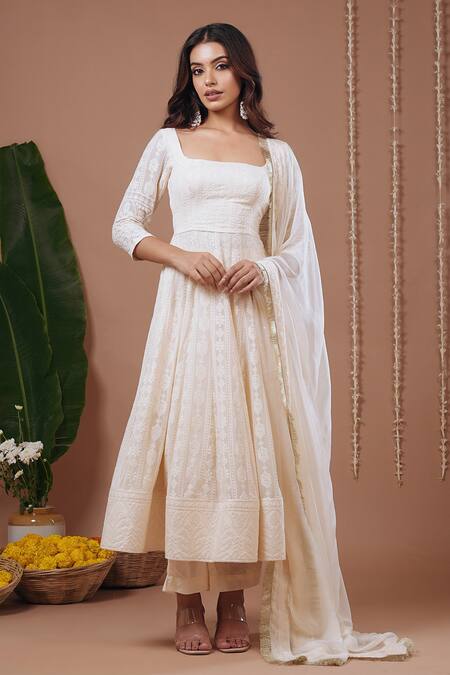 Shop_Ahi Clothing_Ivory Chiffon, Shantoon Embroidery, Tassels Square Neck Chikankari Anarkali Set _Online_at_Aza_Fashions
