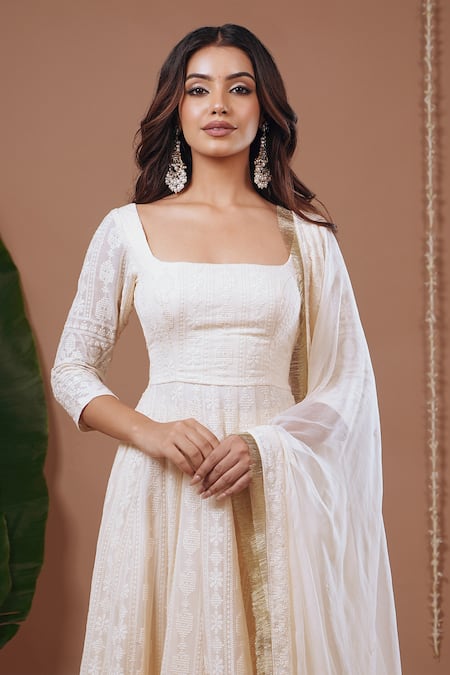 Ahi Clothing_Ivory Chiffon, Shantoon Embroidery, Tassels Square Neck Chikankari Anarkali Set _at_Aza_Fashions
