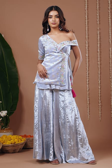Ahi Clothing Sky Blue Velvet Embroidery, Mirrors, Tassels Floral Jacket And Palazzo Set 