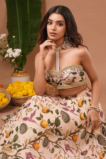 Shop_Ahi Clothing_Beige Organza Beads, Sequins Sweetheart Neck Floral Pattern Top With Lehenga _Online_at_Aza_Fashions