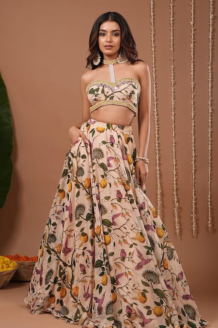 Ahi Clothing Beige Organza Beads, Sequins Sweetheart Neck Floral Pattern Top With Lehenga 