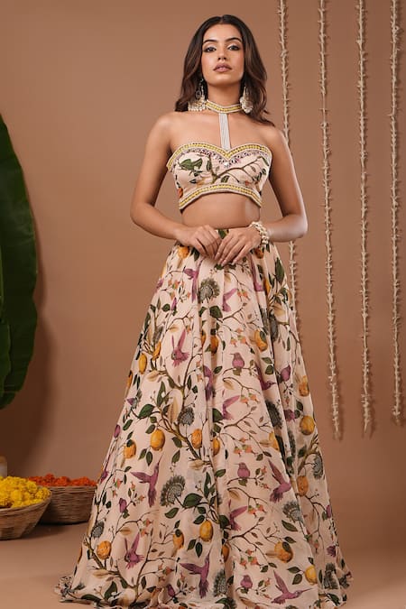 Buy_Ahi Clothing_Beige Organza Beads, Sequins Sweetheart Neck Floral Pattern Top With Lehenga 