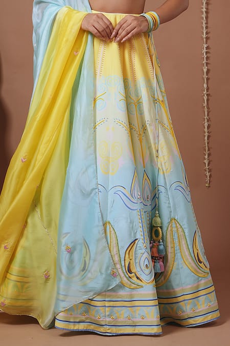 Ahi Clothing_Yellow Crepe, Organza Pearls, Beads, Embroidery, Floral Pattern Lehenga Set _Online_at_Aza_Fashions