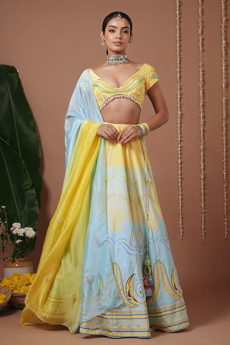 Ahi Clothing Yellow Crepe, Organza Pearls, Beads, Embroidery, Floral Pattern Lehenga Set 