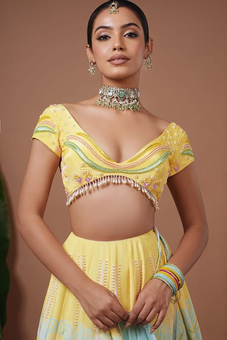 Shop_Ahi Clothing_Yellow Crepe, Organza Pearls, Beads, Embroidery, Floral Pattern Lehenga Set _Online_at_Aza_Fashions