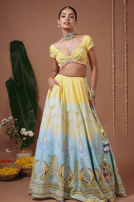 Ahi Clothing_Yellow Crepe, Organza Pearls, Beads, Embroidery, Floral Pattern Lehenga Set _at_Aza_Fashions