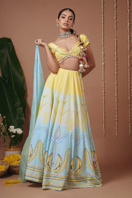 Buy_Ahi Clothing_Yellow Crepe, Organza Pearls, Beads, Embroidery, Floral Pattern Lehenga Set 