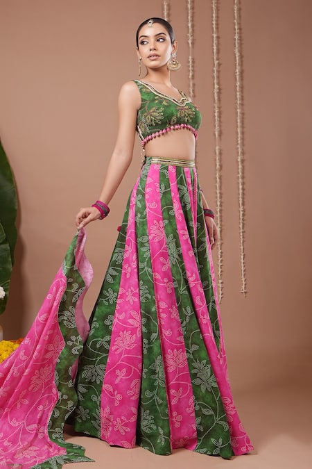 Ahi Clothing_Green Georgette Embroidery, Tassels V-neck Bandhani Print Lehenga Set _Online_at_Aza_Fashions