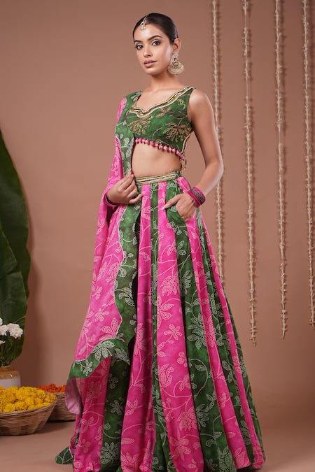 Shop_Ahi Clothing_Green Georgette Embroidery, Tassels V-neck Bandhani Print Lehenga Set _Online_at_Aza_Fashions