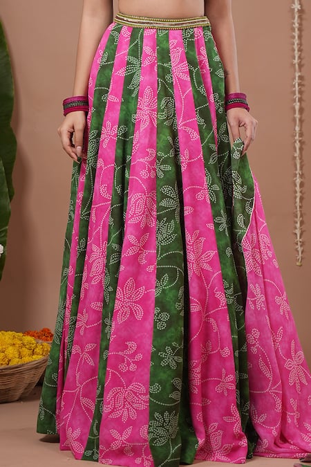 Ahi Clothing_Green Georgette Embroidery, Tassels V-neck Bandhani Print Lehenga Set _at_Aza_Fashions