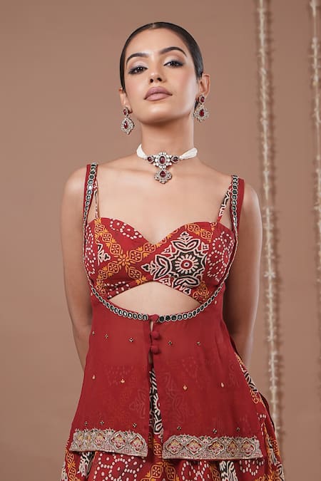 Ahi Clothing_Maroon Georgette Sequins, Zari, Mirrors, Embroidery Printed Kurta Lehenga Set _Online_at_Aza_Fashions