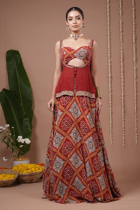 Buy_Ahi Clothing_Maroon Georgette Sequins, Zari, Mirrors, Embroidery Printed Kurta Lehenga Set _Online_at_Aza_Fashions