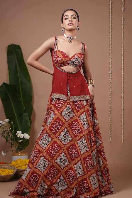 Ahi Clothing Maroon Georgette Sequins, Zari, Mirrors, Embroidery Printed Kurta Lehenga Set 