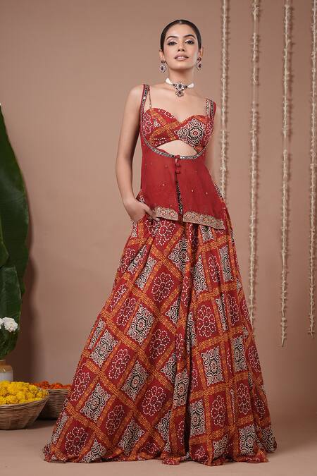 Ahi Clothing_Maroon Georgette Sequins, Zari, Mirrors, Embroidery Printed Kurta Lehenga Set _at_Aza_Fashions