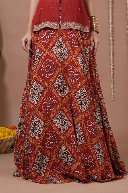 Buy_Ahi Clothing_Maroon Georgette Sequins, Zari, Mirrors, Embroidery Printed Kurta Lehenga Set 
