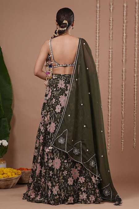 Shop_Ahi Clothing_Olive Green Organza Embroidery, Mirrors, Sequins Floral Pattern Lehenga Set _at_Aza_Fashions
