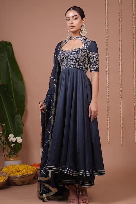 Ahi Clothing_Navy Silk Satin, Organza Embroidery, Mirrors, Zari, Bandhani Print Anarkali Set _Online_at_Aza_Fashions