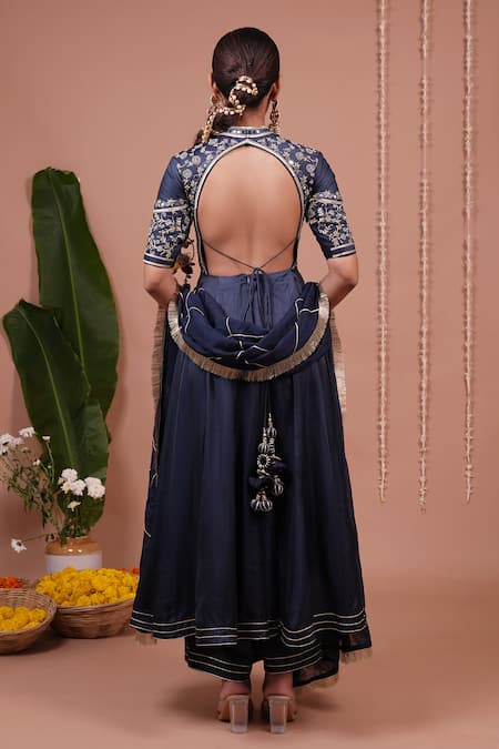 Shop_Ahi Clothing_Navy Silk Satin, Organza Embroidery, Mirrors, Zari, Bandhani Print Anarkali Set _at_Aza_Fashions
