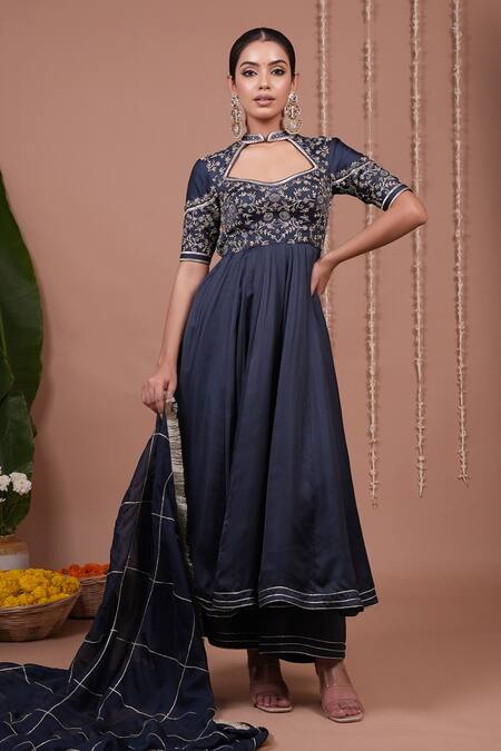Buy_Ahi Clothing_Navy Silk Satin, Organza Embroidery, Mirrors, Zari, Bandhani Print Anarkali Set _Online_at_Aza_Fashions