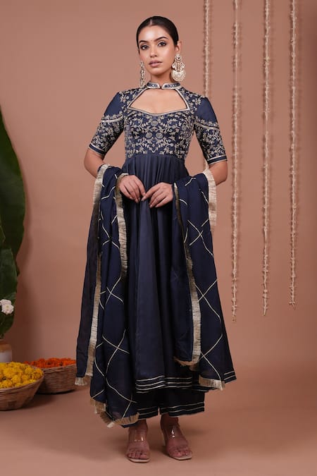Shop_Ahi Clothing_Navy Silk Satin, Organza Embroidery, Mirrors, Zari, Bandhani Print Anarkali Set _Online_at_Aza_Fashions