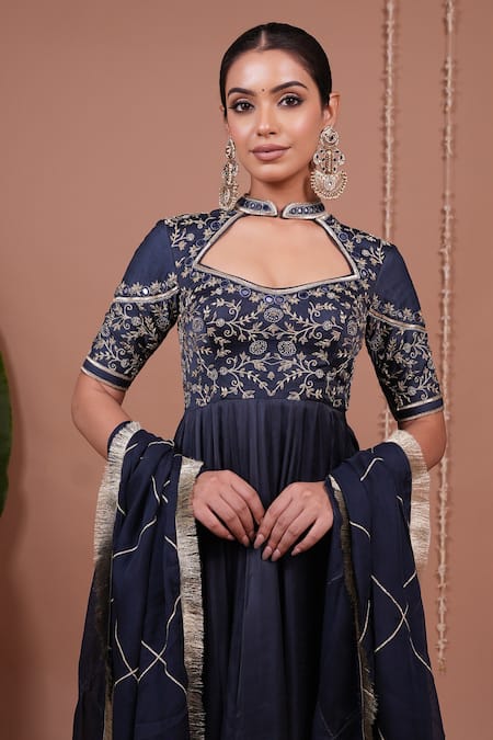 Ahi Clothing_Navy Silk Satin, Organza Embroidery, Mirrors, Zari, Bandhani Print Anarkali Set _at_Aza_Fashions